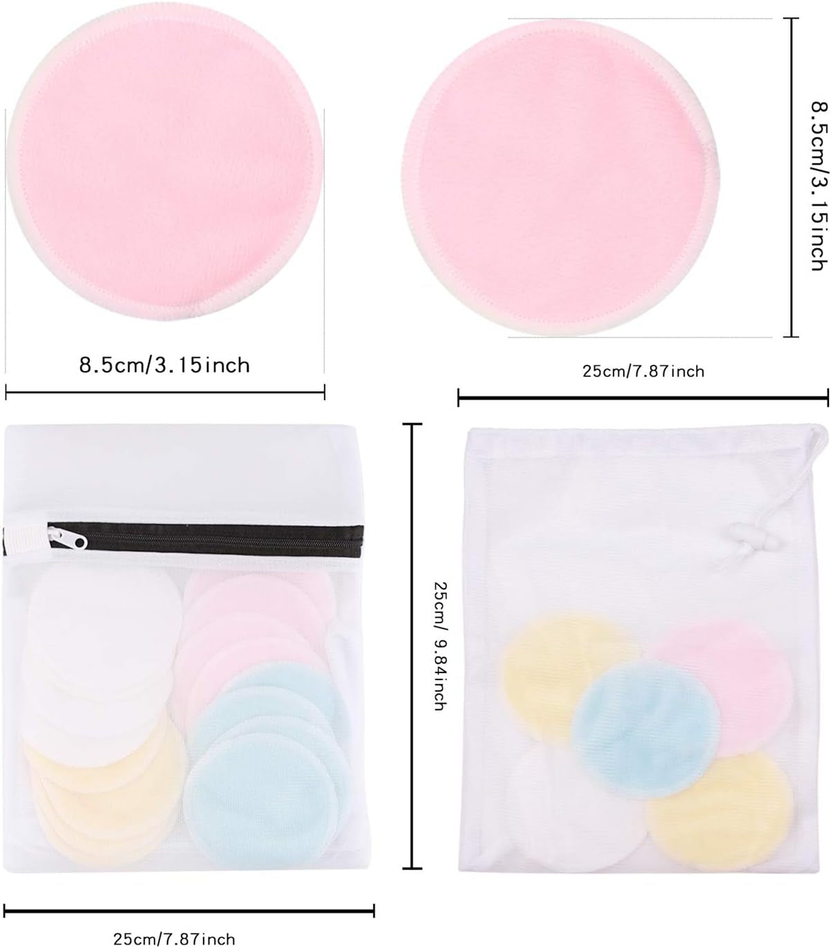 Reusable Makeup Remover Pads| Bamboo Fiber Organic Cotton Pads Face| Cotton Rounds Eyes Make up Remover Pads Zero Waste Washable| for All Skin Types | 1 Laundry Bag+1 Storage Bag| 16 Pcs